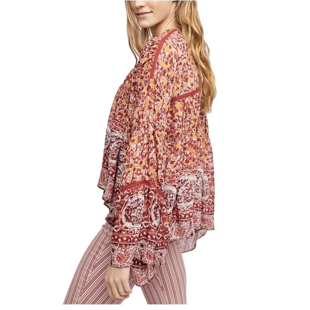FREE PEOPLE Lorraine Boho Print Tie-front Top NWT